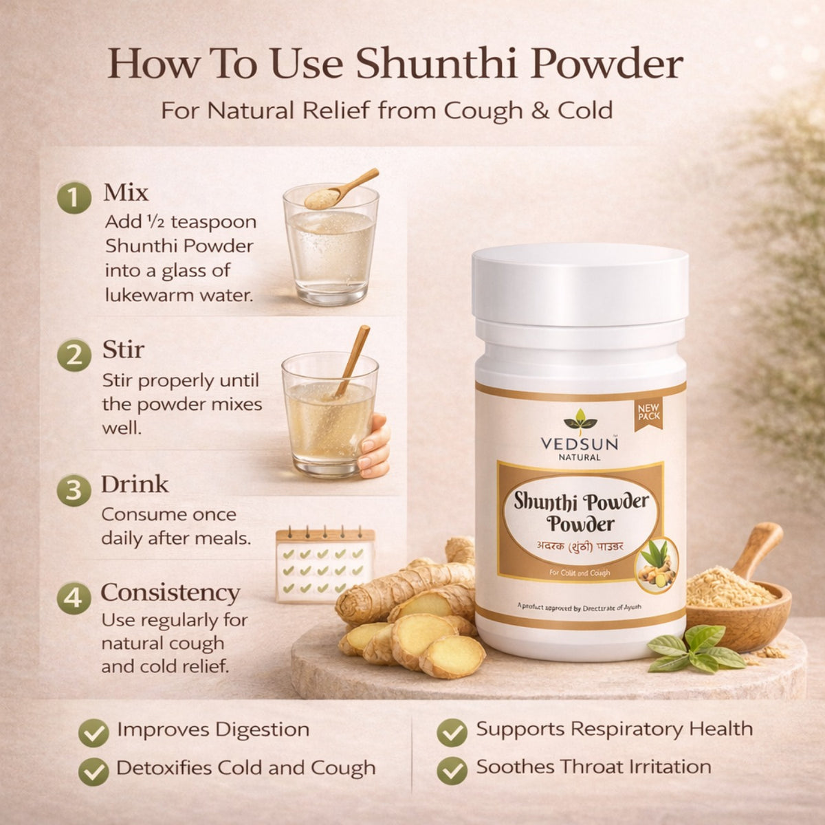 Shunthi Powder by Vedsun – 100% Pure Dry Ginger (Sonth) Powder for Digestion & Immunity