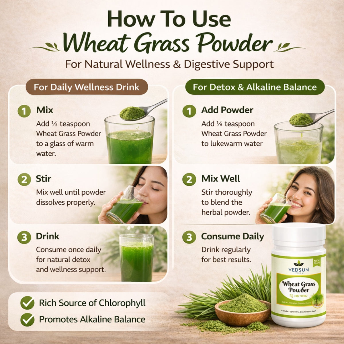 Wheat Grass Powder 100gm by Vedsun – 100% Pure Triticum Aestivum Superfood for Detox & Health Support