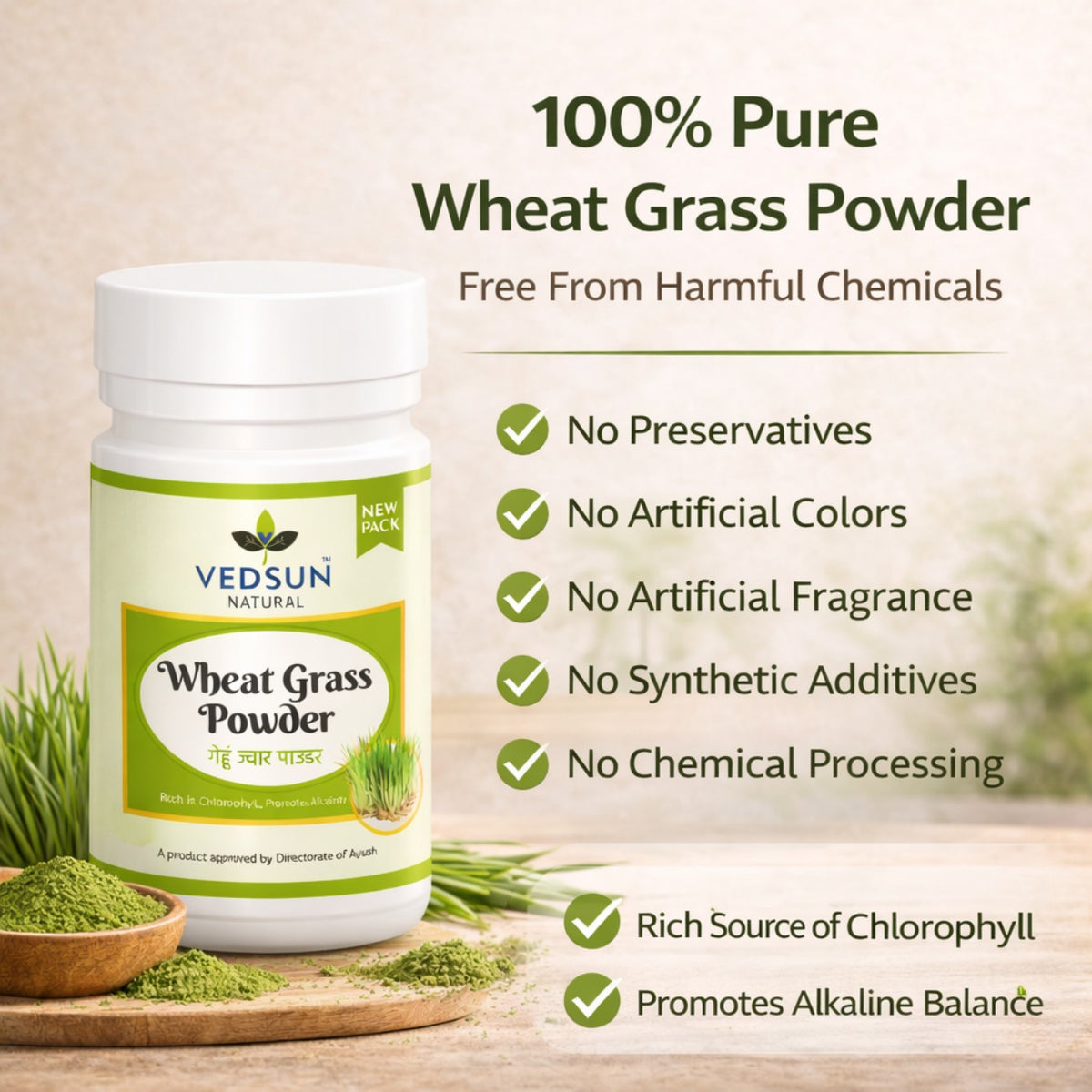 Wheat Grass Powder 100gm by Vedsun – 100% Pure Triticum Aestivum Superfood for Detox & Health Support