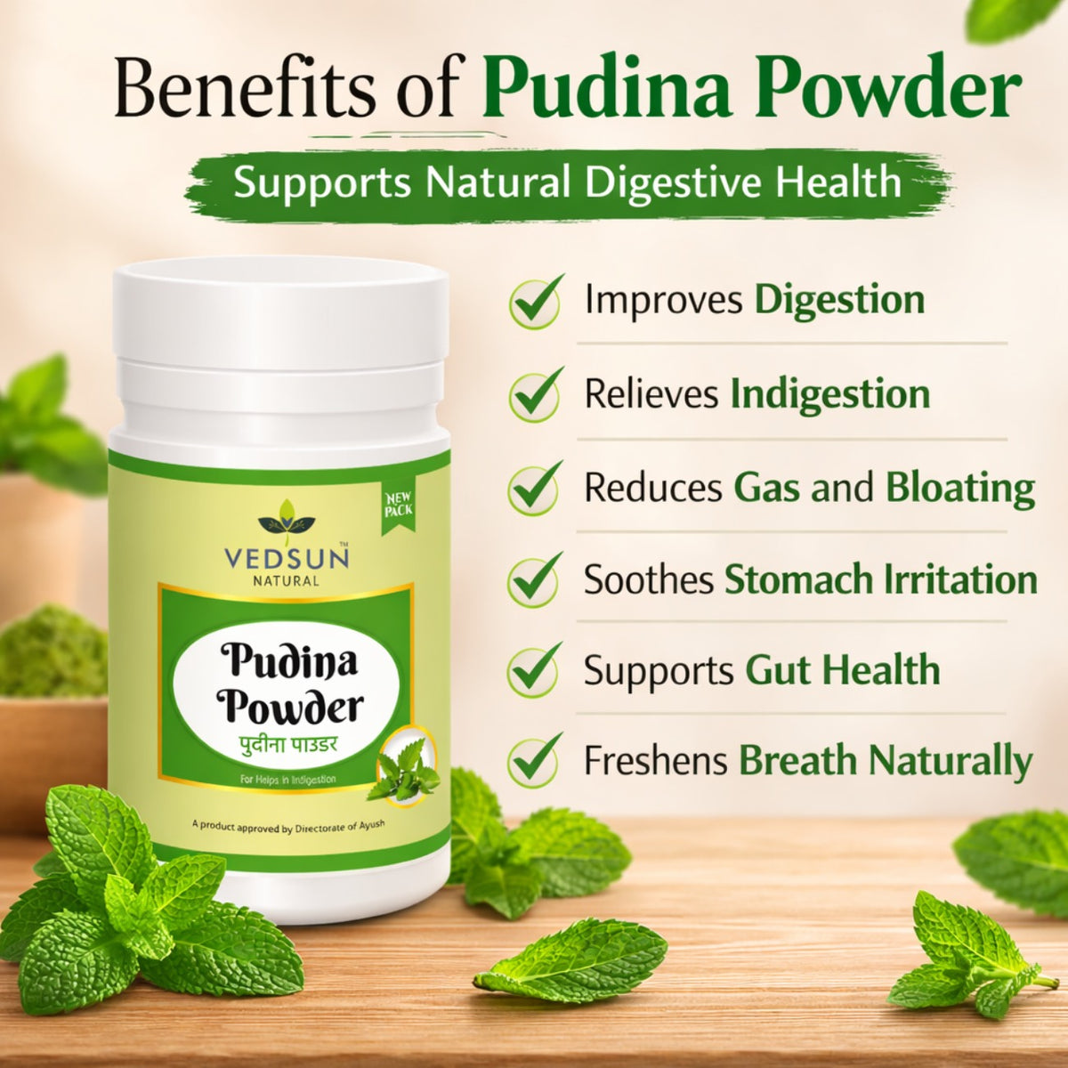 Pudina Powder by Vedsun – 100% Pure Mentha Spicata Powder for Digestion & Refreshment