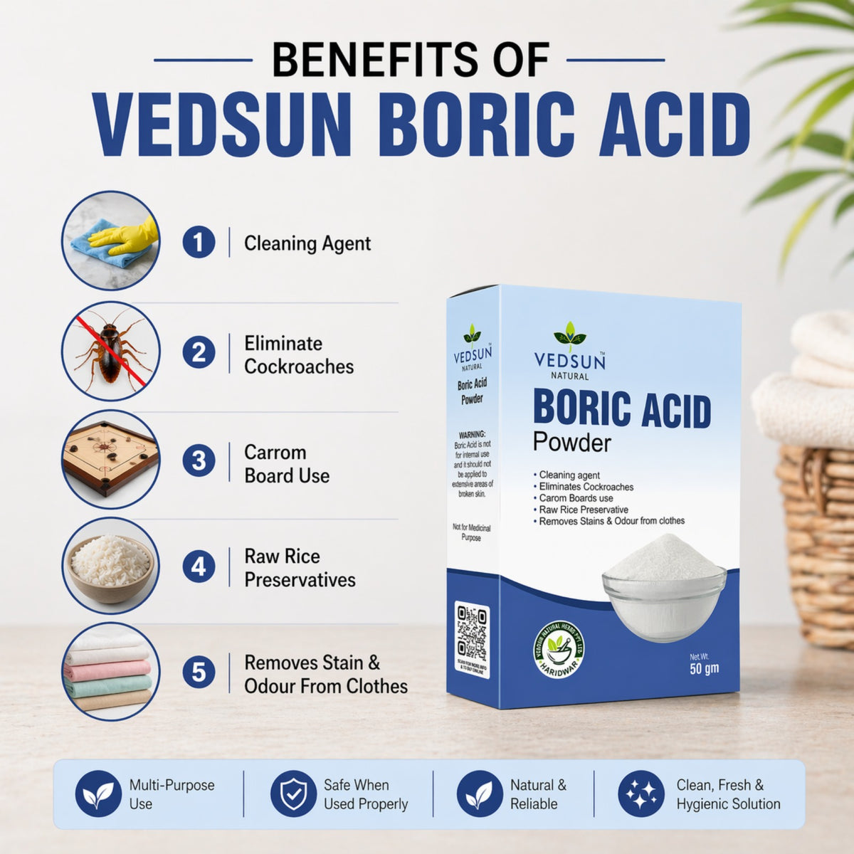 Vedsun Boric Acid Powder – Effective Cockroach & Ant Killer for Home Cleaning & Pest Control