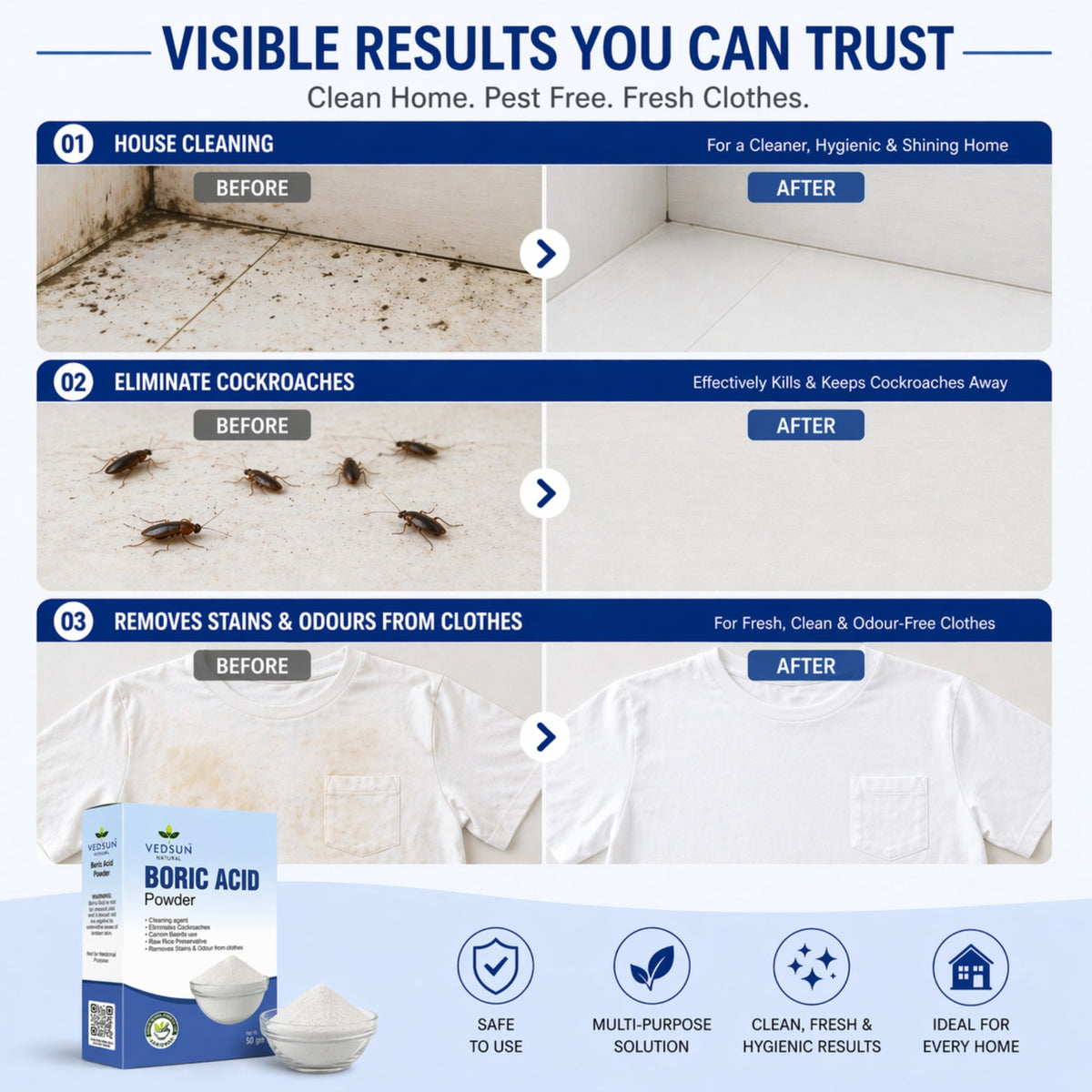 Vedsun Boric Acid Powder – Effective Cockroach & Ant Killer for Home Cleaning & Pest Control