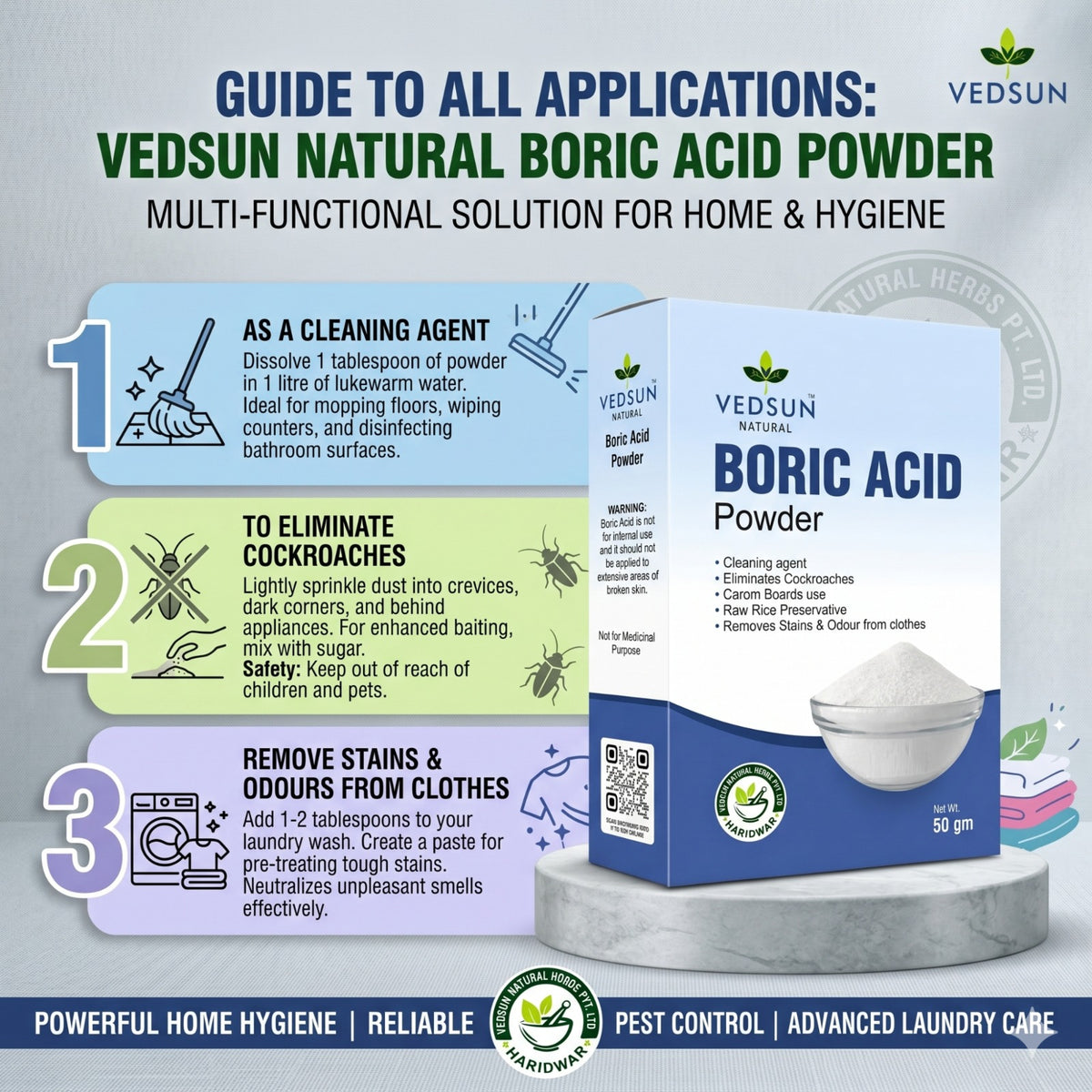 Vedsun Boric Acid Powder – Effective Cockroach & Ant Killer for Home Cleaning & Pest Control
