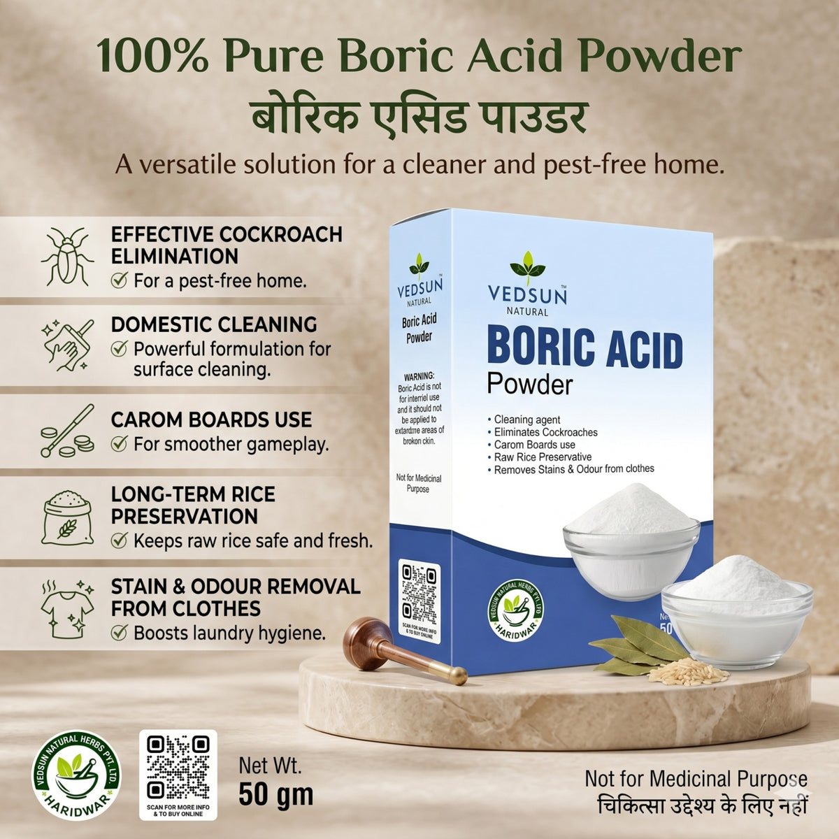 Vedsun Boric Acid Powder – Effective Cockroach & Ant Killer for Home Cleaning & Pest Control