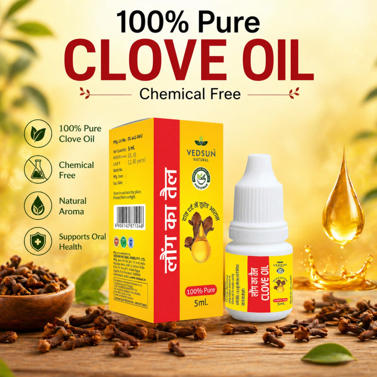 Clove Oil by Vedsun – 100% Pure Laung Oil for Toothache, Oral Care & Wellness