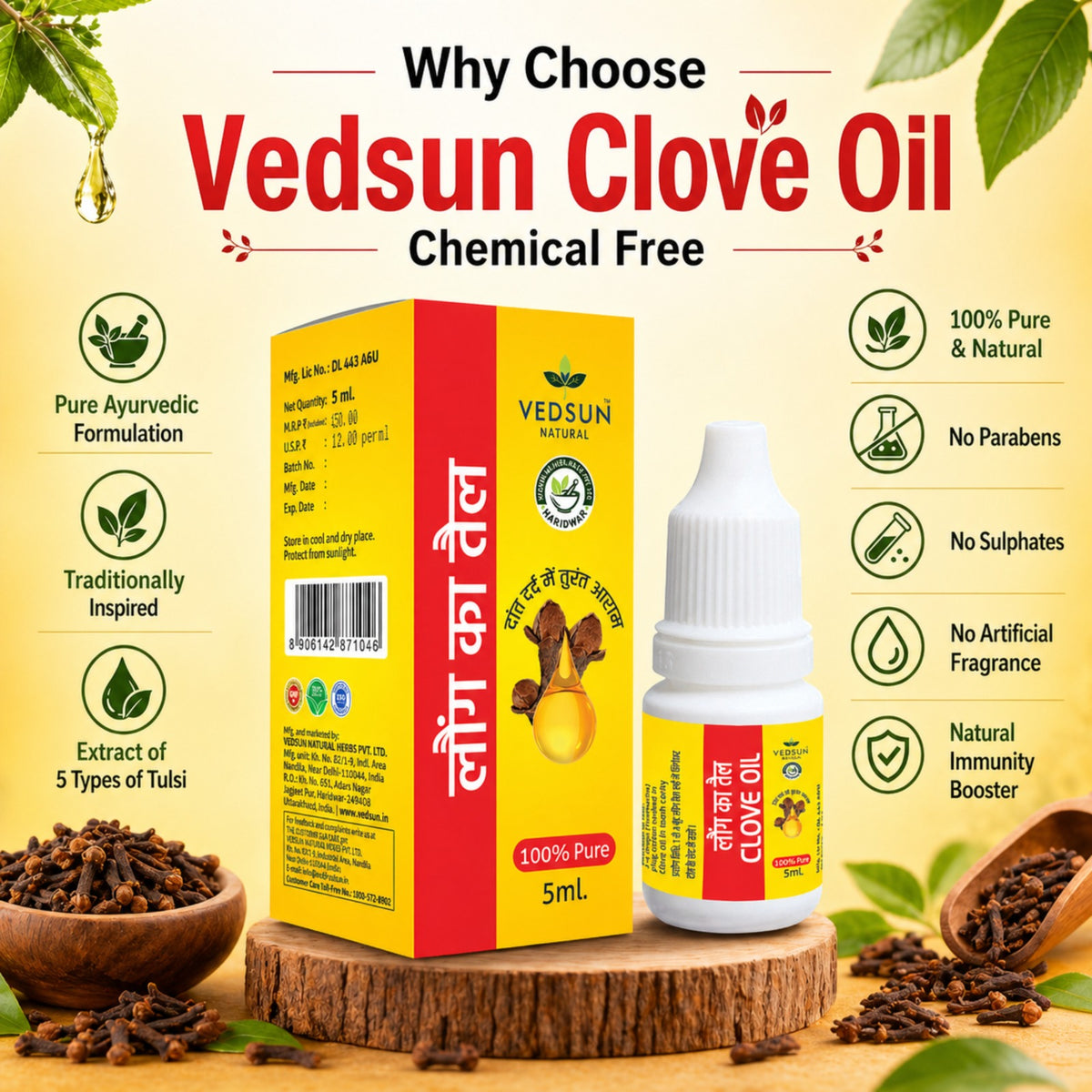 Clove Oil by Vedsun – 100% Pure Laung Oil for Toothache, Oral Care & Wellness