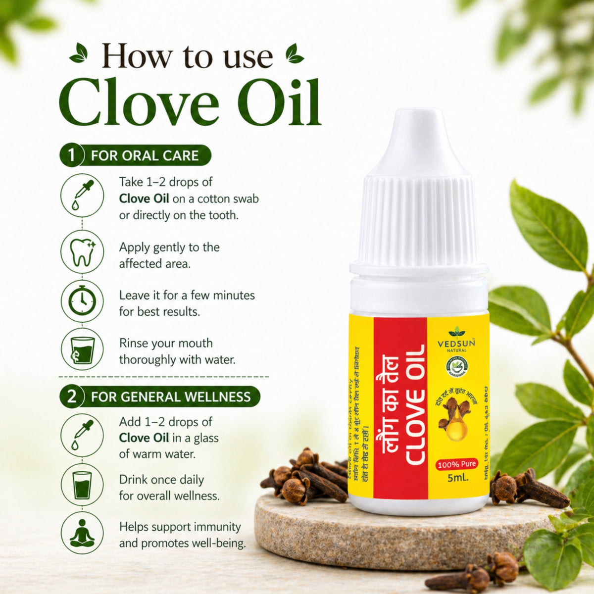 Clove Oil by Vedsun – 100% Pure Laung Oil for Toothache, Oral Care & Wellness