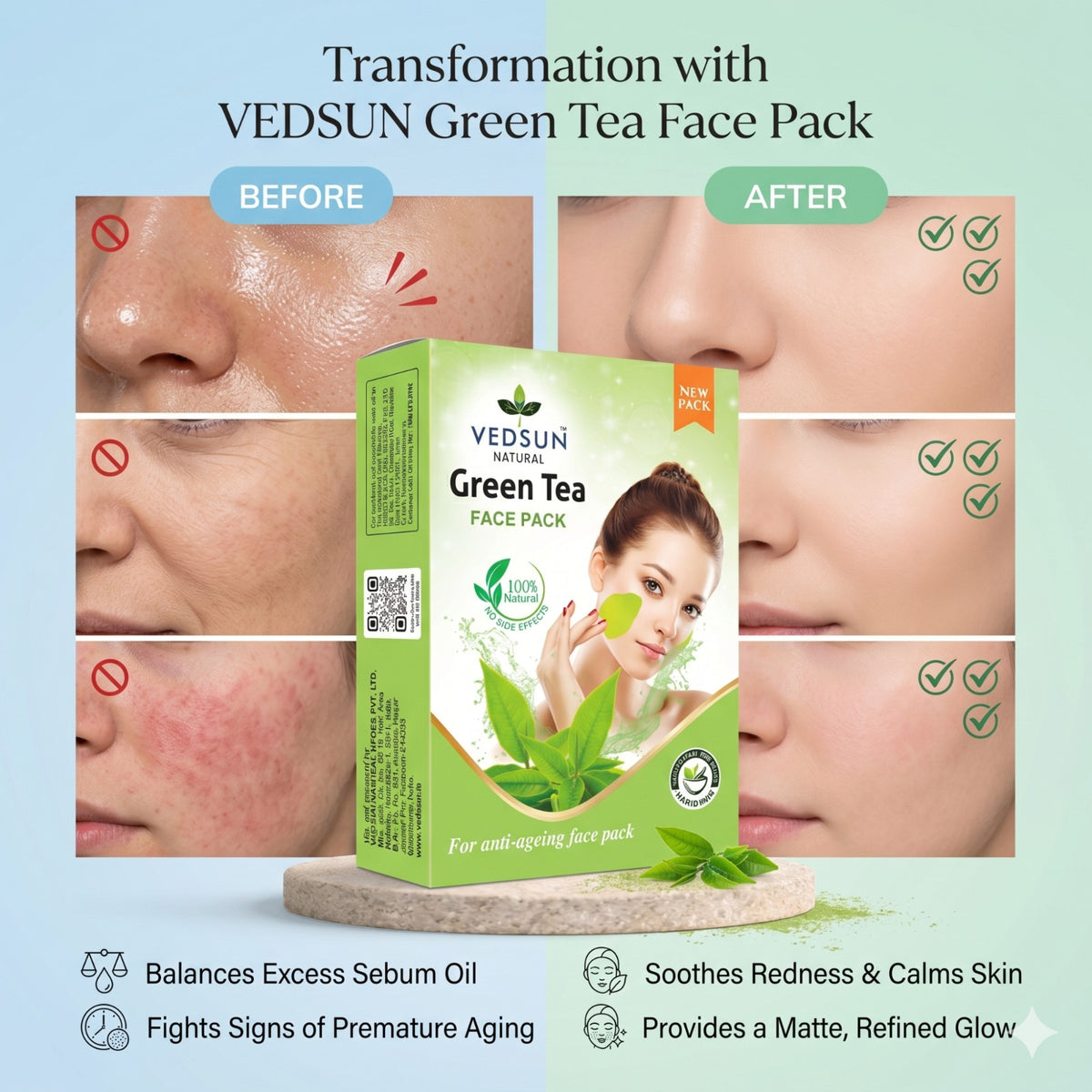Vedsun Green Tea Face Pack – Natural Face Pack for Clear, Healthy & Oil-Free Skin