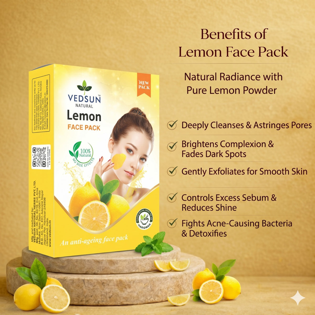 Vedsun Lemon Face Pack – Natural Face Mask for Tan Removal, Oil Control & Bright Glowing Skin