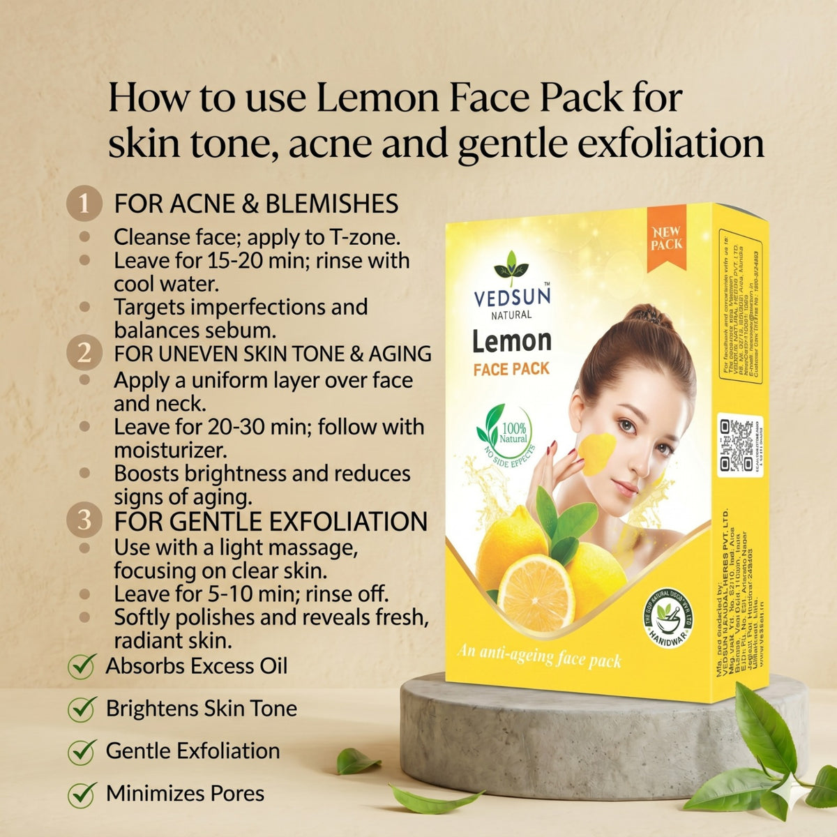 Vedsun Lemon Face Pack – Natural Face Mask for Tan Removal, Oil Control & Bright Glowing Skin