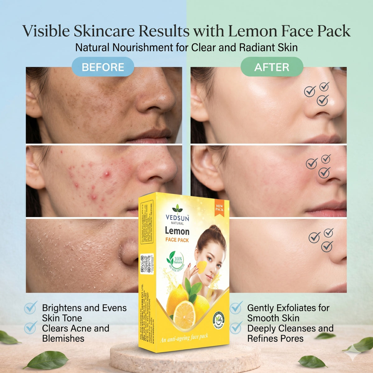Vedsun Lemon Face Pack – Natural Face Mask for Tan Removal, Oil Control & Bright Glowing Skin
