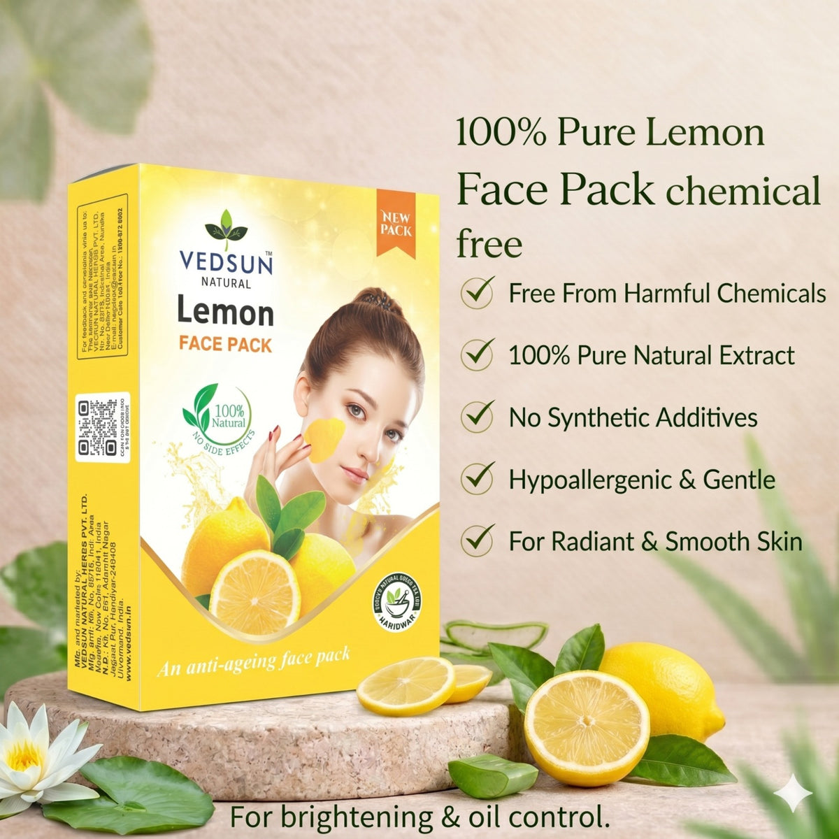 Vedsun Lemon Face Pack – Natural Face Mask for Tan Removal, Oil Control & Bright Glowing Skin
